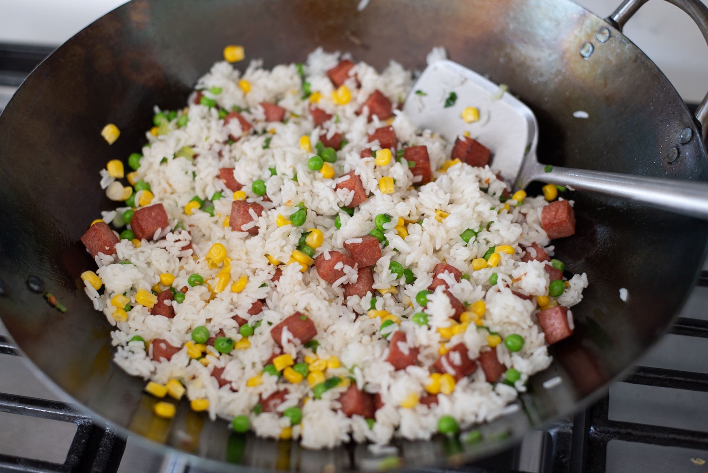 Mixing rice and vegetables